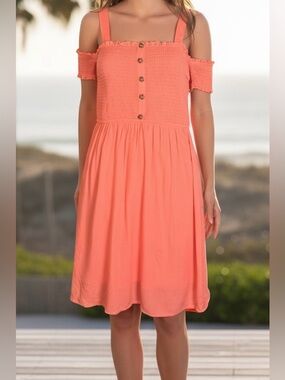 Venus Coral Smocked Cold Shoulder Dress Size M Pockets Boho Summer